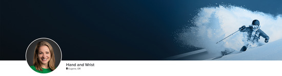 Professional headshot of Dr. Heather Campion (Hand and Wrist; Eugene, OR) and a photograph of a skier to represent the Hand and Wrist specialty.