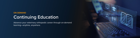 On-demand continuing education banner showing a laptop with digital learning icons and the text ‘Continuing Education’ and ‘Advance your veterinary orthopedic career through on-demand learning—anytime, anywhere.