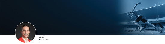 Professional headshot of Dr. Abigail L. Campbell (Knee; New York, NY) and a photograph of a track and field runner to represent the Knee specialty.