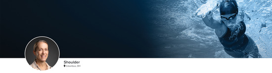 Professional headshot of Dr. Julie Y. Bishop (Shoulder; Columbus, OH) and a photograph of a swimmer to represent the Shoulder specialty.