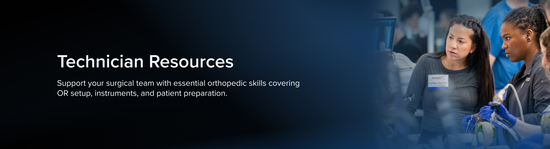 Cover art for "Technician Resources" learning path showing two surgical technicians reviewing equipment during an orthopedic OR training session.