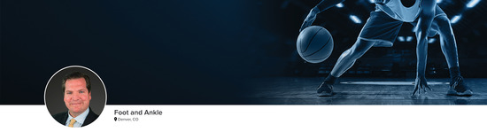 Professional headshot of Dr. Kenneth J. Hunt (Foot and Ankle; Denver, CO) and a photograph of a basketball player to represent the Foot and Ankle specialty.