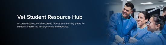 Veterinary instructor in blue surgical scrubs smiling with two veterinary students during a hands-on surgical training session, overlaid with the title "Vet Student Resource Hub" and the description "A curated collection of recorded videos and learning paths for students interested in surgery and orthopedics."