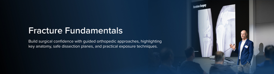 Image of a veterinary medical professional speaking at a podium next to the text "Fracture Fundamentals."
