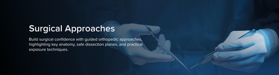 The title of the learning path - Surgical Approaches - in front of a photograph of a gloved surgeon's hands holding medical instruments.
