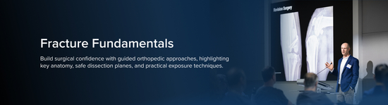 Image of a veterinary medical professional speaking at a podium next to the text "Fracture Fundamentals."