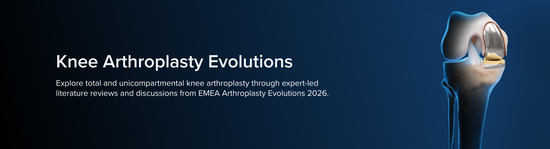 Banner for a medical education course ("Knee Arthroplasty Evolutions") showing an animated image of a knee with a medical device inserted for a knee arthroplasty procedure.