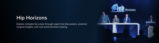 Banner for a medical education course ("Hip Horizons") showing an image of three healthcare professionals speaking in a panel presentation.