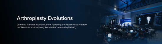 Banner for a medical education course ("Arthroplasty Evolutions") showing three podium presenters in front of a large audience.