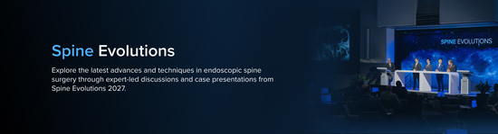 Banner for a medical education course ("Spine Evolutions") showing five male presenters standing a podium.