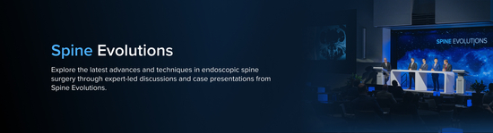 Banner for a medical education course ("Spine Evolutions") showing five male presenters standing a podium.